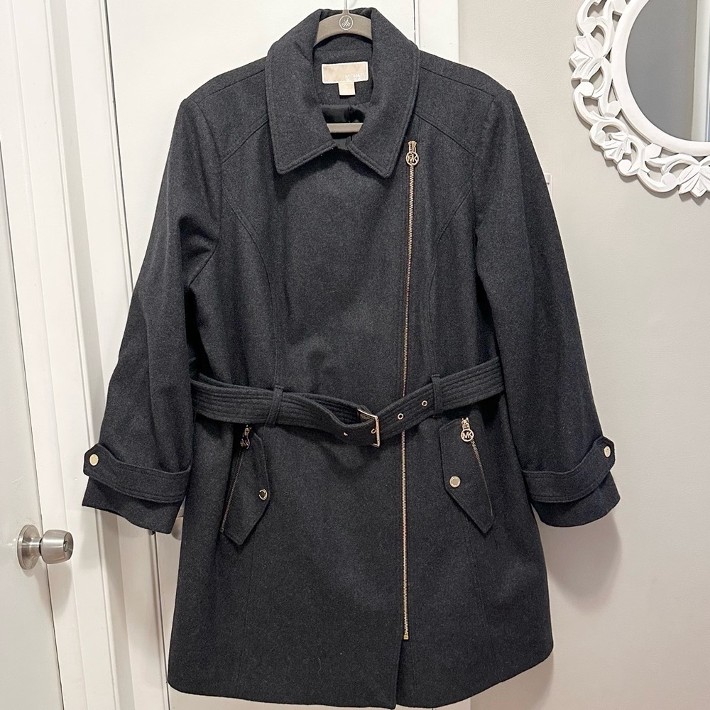 Michael Kors Wool Charcoal Gray Trench Coat Womens 1X MK Belt Asymmetrical Plus